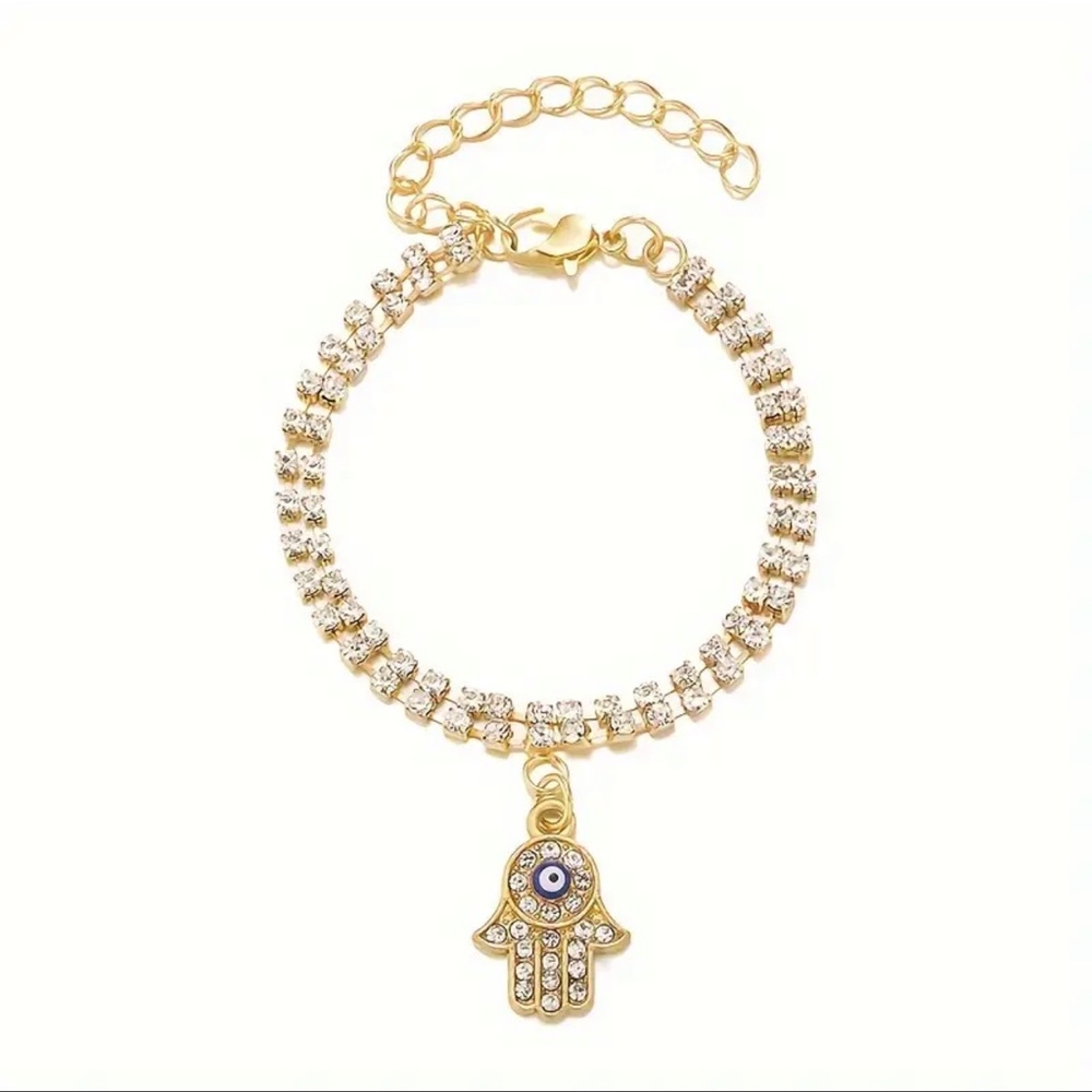 Gold Plated Rhinestone Inlaid Tennis Bracelet With Hamsa Hand Charm